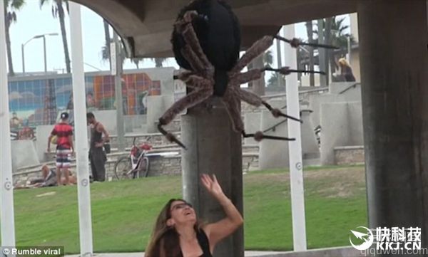 妹子偶遇巨型蜘蛛竟是恶作剧 吓尿了