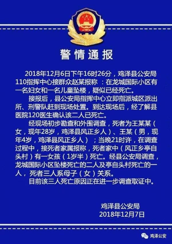 邯郸警方：一母亲和儿子坠楼身亡，1岁女儿被发现死于家中