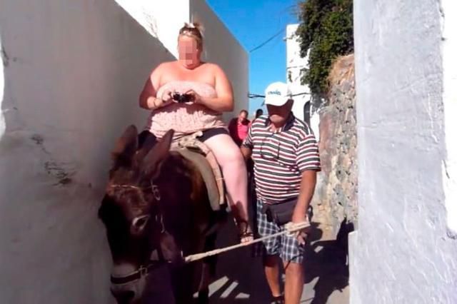 游客太多又太胖，驴都受不了，希腊这个景区劝大家少骑驴多走路