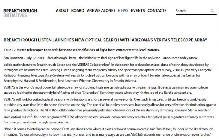 “突破聆听”与VERITAS合作希望搜索来自外星人的加密信息