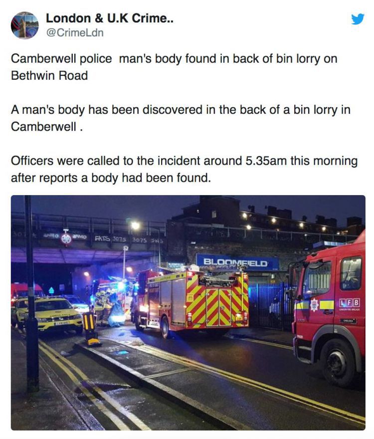可怕！伦敦南部垃圾车后厢发现一名男子尸体，警方：目前无法确认死因